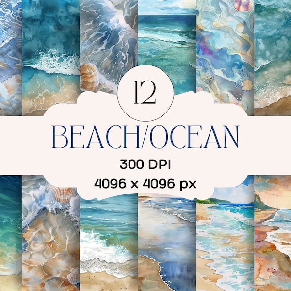 Beach Ocean Digital Scrapbook Paper Backgrounds-Vacation Sand Water-Instant Download-300 DPI- 4096 x 4096 PX- POD