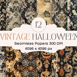 May include: Twelve vintage Halloween digital papers with a black and gold damask pattern. The papers feature various Halloween motifs, including skulls, pumpkins, bats, and haunted houses. The papers are 300 DPI and 4096 x 4096 pixels.