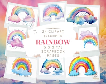 Rainbow-Pastel Rainbow- Clipart Design Bundle- 24 Clipart Images- 5 Scrapbook Pages- Free Commercial Use POD Digital Download