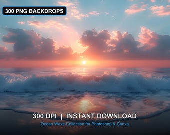 300 Meereswelle Digitale Kulissen für Photoshop & Canva, Strand Sonnenuntergang Foto Hintergrund Bundle, Sofort Download PNG, 300 DPI