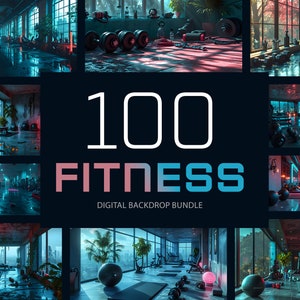 Puede incluir: Un collage de 100 imágenes de fondo digitales para estudios de fitness. Las imágenes presentan una variedad de entornos de gimnasio, incluyendo un gimnasio moderno con grandes ventanales, un gimnasio rústico con paredes de ladrillo visto y un gimnasio con temática tropical. Las imágenes son de alta calidad y se pueden utilizar para una variedad de propósitos, como crear publicaciones en redes sociales, banners de sitios web y materiales de marketing.