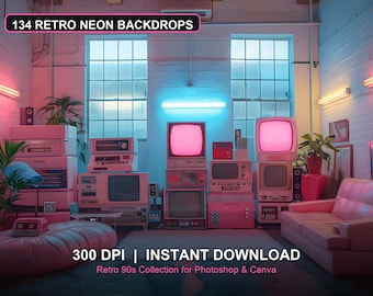 170 Neon 80s Digital Backdrops, Retro Urban Photo Background Bundle for Photoshop & Canva, Instant Download PNG, Commercial Friendly