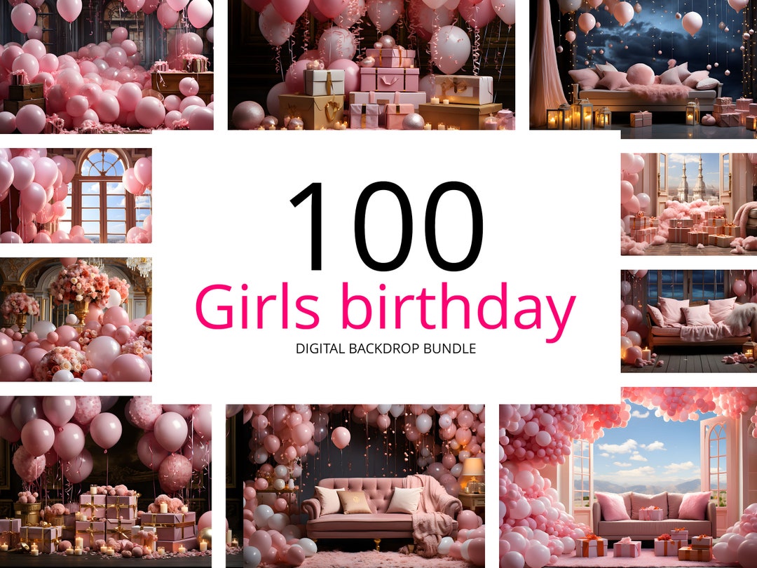 100 Pink Girls Birthday Digital Backdrops: Photo Editing Overlays ...