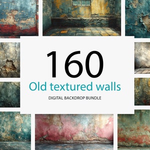 May include: A collage of 160 digital backdrop images featuring old, textured walls in various colors and states of disrepair. The images are perfect for adding a vintage or industrial feel to your designs.