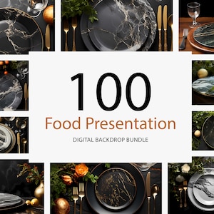 Puede incluir: Un collage de 100 fondos digitales para la presentación de alimentos con varios platos y bandejas de mármol con patrones en negro, blanco y verde con detalles dorados. El texto "100 Food Presentation Digital Backdrop Bundle" se muestra en el centro de la imagen.