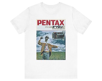 Maglietta unisex a maniche corte con stampa grafica e scollo rotondo, motivo pubblicitario retrò Pentax