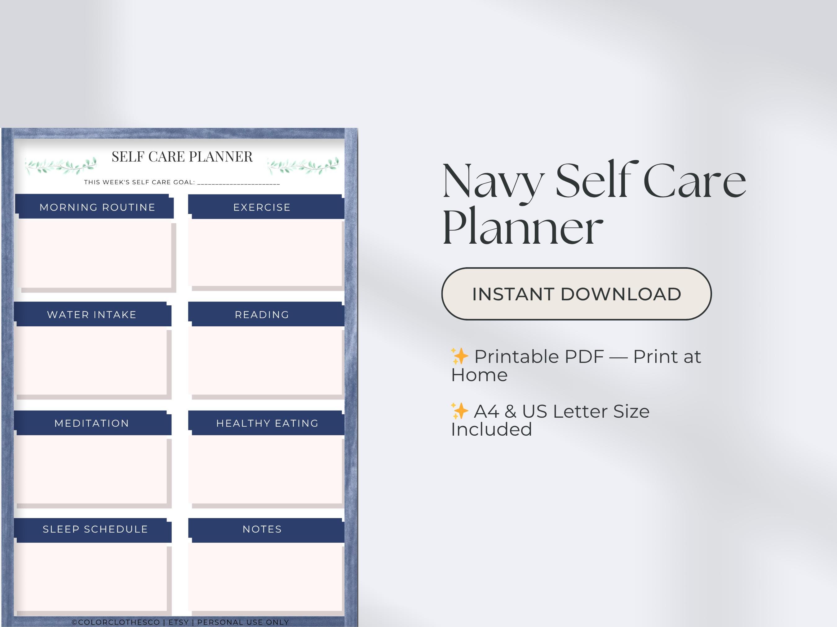Self Care Planner Printable Minimalist Botanical Navy Blue Wellness ...