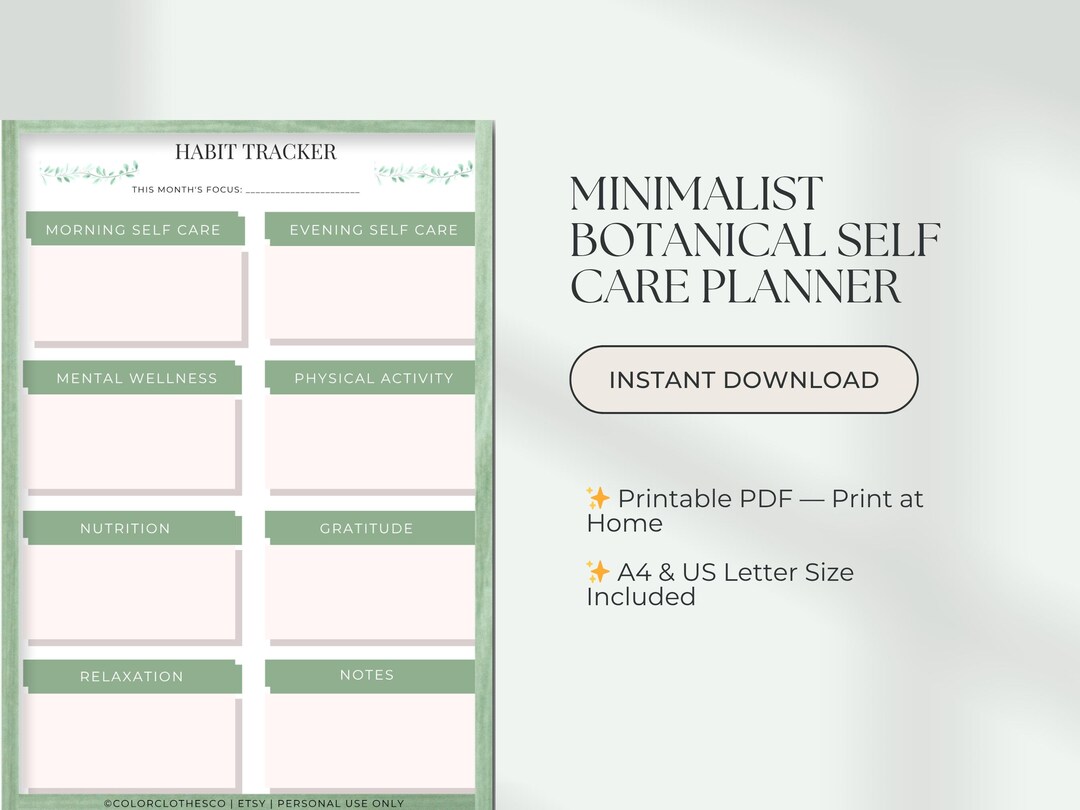 Self Care Planner Printable Minimalist Botanical Wellness Planner Sage ...