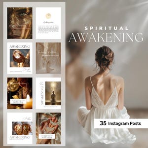 May include: A collection of 35 Instagram posts with a spiritual awakening theme. The posts feature images with text, including "Awakening" and "Spiritual Awakening." The overall aesthetic is soft and ethereal, with a woman in a white dress in the background.