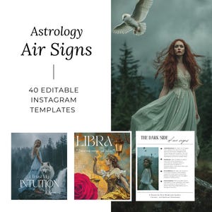 May include: A collection of Instagram templates with an astrology theme. The text reads "Astrology Air Signs" and "40 Editable Instagram Templates." The image includes illustrations of women, an owl, and the Libra zodiac sign.