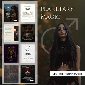 Peut inclure: Image promotionnelle pour "Planetary Magic" avec une femme et plusieurs modèles de publications Instagram. Les modèles incluent du texte tel que "Mars Planet of Action" et "Mars is all about Feminine Energy". Le texte "40 Instagram Posts" est également présent.