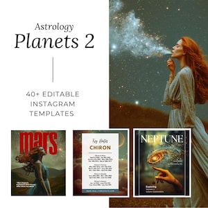 以下が含まれることがあります： 占星術をテーマにしたInstagramテンプレートのデジタル製品。画像には「Astrology Planets 2」と「40+ EDITABLE INSTAGRAM TEMPLATES」というテキストが含まれています。追加のグラフィックは、惑星と天体のテーマを示しています。