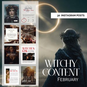 May include: A set of 30 Instagram posts with a witchy theme for February. The posts include images with text such as "The Meaning of Life", "Witch Tip", "Secret Secret My Mate", and "To Know Thy Secrets". The design has a mystical and ethereal aesthetic.