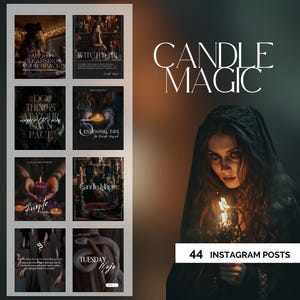 May include: A promotional image for Instagram posts with a candle magic theme. The image features a woman holding a lit candle, with the words "Candle Magic" in large white letters. There are also several smaller images with text like "About Cleansing Your Space".