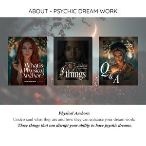 May include: An image with three framed graphics. The first graphic reads "What is a Physical Anchor?" The second graphic reads "3 things". The third graphic reads "Q&A". The text "ABOUT - PSYCHIC DREAM WORK" is at the top.