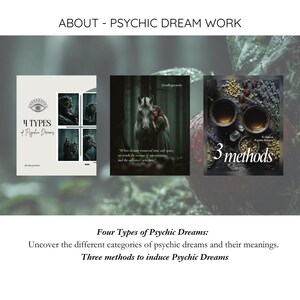 May include: An image with the text "ABOUT - PSYCHIC DREAM WORK" and three book covers. The first cover says "4 TYPES of Psychic Dreams". The second cover shows a woman with a white horse. The third cover says "3 methods".