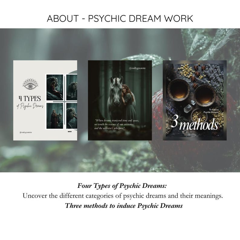 May include: An image with the text "ABOUT - PSYCHIC DREAM WORK" and three book covers. The first cover says "4 TYPES of Psychic Dreams". The second cover shows a woman with a white horse. The third cover says "3 methods".