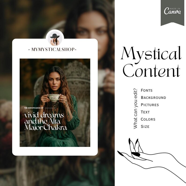 May include: A promotional image for Mystical Content. The image features a woman holding a teacup, with text overlayed that reads "vivid dreams and the Alta Major Chakra." Additional text includes "Fonts, Background, Pictures, Text, Colors, Size."