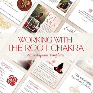 Root Chakra Instagram Spiritual Templates; Journal Prompts, Quotes, Affirmations, Yoga Poses, Food, Essential Oils, Mudras and more.