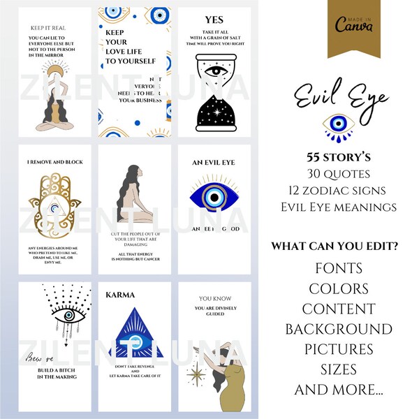 EVIL EYE Spiritual Content Quotes with Evil Eye Meaning Templates and matching zodiac signs, instagram posts ready to use with Canva