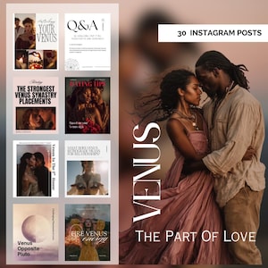 Op de afbeelding: Een verzameling van 30 Instagram-posts met een romantisch thema. De hoofdafbeelding toont een stel dat elkaar omhelst, met het woord "VENUS" en de zin "THE PART OF LOVE" in grote letters. Andere posts behandelen onderwerpen als Venus-synastrie en datingtips.