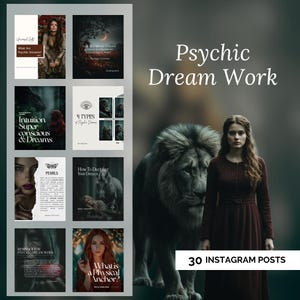 May include: A collection of 30 Instagram posts on the theme of psychic dream work. The image features a woman in a red dress standing next to a lion. The posts include text such as "What Are Psychic Dreams?" and "Intuition Super conscious & Dreams."