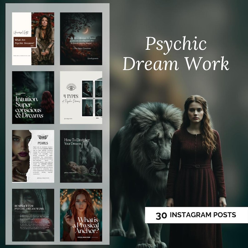 May include: A collection of 30 Instagram posts on the theme of psychic dream work. The image features a woman in a red dress standing next to a lion. The posts include text such as "What Are Psychic Dreams?" and "Intuition Super conscious & Dreams."