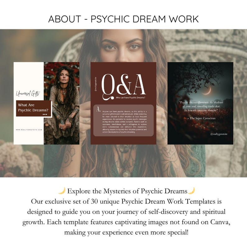 May include: Image featuring three graphics with text about psychic dreams. The graphics include a woman, a Q&A, and a night scene with a crescent moon. The text reads "About - Psychic Dream Work" and "Explore the Mysteries of Psychic Dreams."