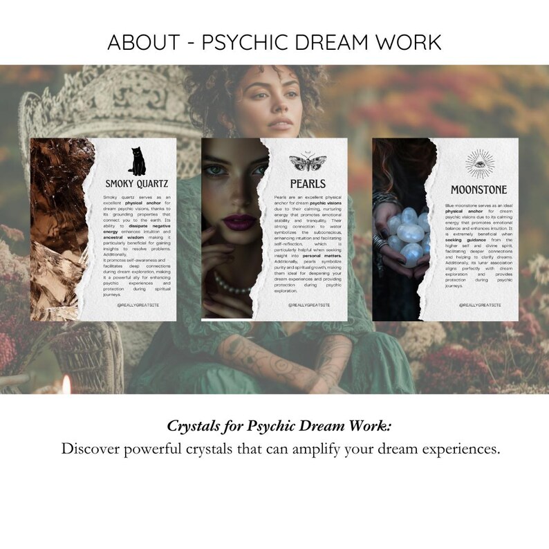 May include: An image with the text "ABOUT - PSYCHIC DREAM WORK" and "Crystals for Psychic Dream Work: Discover powerful crystals that can amplify your dream experiences." The image features three cards with text and images of crystals.