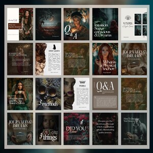 May include: A grid of 20 square images with text and images related to psychic dreams. The images feature women, text overlays, and various design elements. Topics include dream interpretation and intuition.