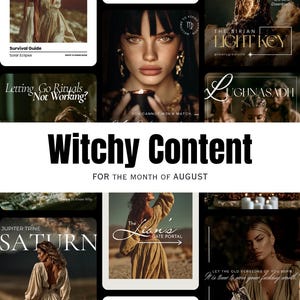 May include: A digital collage titled Witchy Content for the Month of August featuring various mystical themes, including solar eclipses, tarot cards, celestial alignments, and spiritual rituals with text overlays like The Sun in Virgo and The Lion's Gate Portal.
