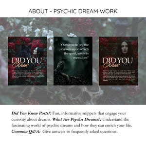 May include: Three graphic squares with text about psychic dream work. One square says "Did You Know" with a woman's image. Another says "Our dreams are the canvas upon which the spirit paints its messages" with a raven image. The third says "Did You Know" with a woman's image.