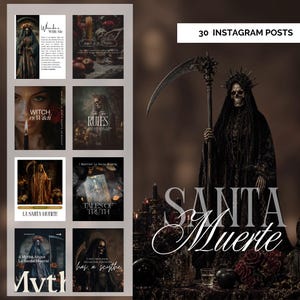 Może przedstawiać: Mroczny obraz w stylu gotyckim przedstawiający szkieletową postać w czarnej szacie trzymającą kosę. Słowa "SANTA Muerte" są wyraźnie widoczne. Wokół postaci znajdują się świece, jabłka i inne elementy dekoracyjne. Obraz zawiera również kilka mniejszych grafik postów na Instagramie.