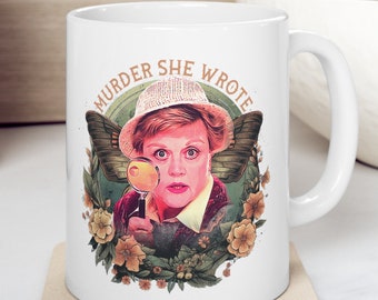 Murder, She Wrote Keramiktasse 11 Unzen, Hobbydetektiv Jessica Fletcher Tasse, Angela Lansbury Tasse. Doppelseitiges Bild auf Tasse.