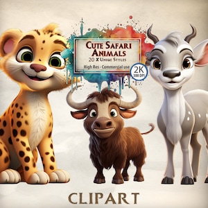 Safari Animal Clipart Gráficos de guardería para niños pequeños Estilo de dibujos animados para niños Clipart Ilustraciones de animales lindos Elefante Rinoceronte Mono Warthog PNG