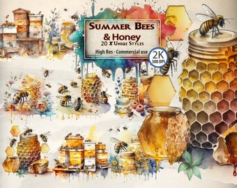 Watercolor Honey Bees Clipart: Summer Hives & Floral Graphics (PNG Digital Download)