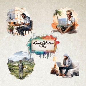 May include: Four watercolor illustrations of people using laptops in different settings. The text "Just Picture This" is in the center of the image.