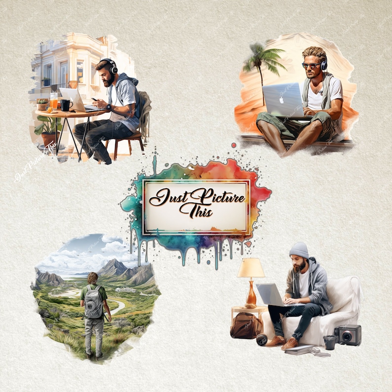 May include: Four watercolor illustrations of people using laptops in different settings. The text "Just Picture This" is in the center of the image.