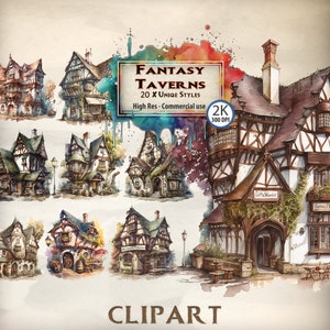 Watercolor Fantasy Tavern Clipart: Medieval Inn PNG Bundle (Instant Download)
