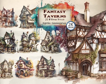 Watercolor Fantasy Tavern Clipart: Medieval Inn PNG Bundle (Instant Download)