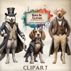 Dog Clipart Dogs in Clothes Graphics Dog lover Illustrations Dogs wearing Vintage Clothing Gogs Dressed up Animal PNG Dog Commercial Clipart