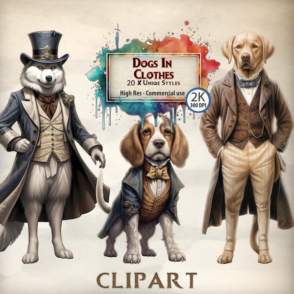 Hunde Clipart Hunde in Kleidung Grafiken Hundeliebhaber Illustrationen Hunde tragen Vintage Kleidung Gogs verkleidet Tier PNG Hund kommerzielle Clipart