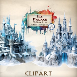 Palácio Clipart Ice Queen Castle Clipart Pacote Paisagem congelada conto de fadas Castelo princesa neve tema bolo topper PNG transparente