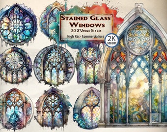 Aquarell Buntglas Fenster Clipart: Gothic Style PNG Bundle