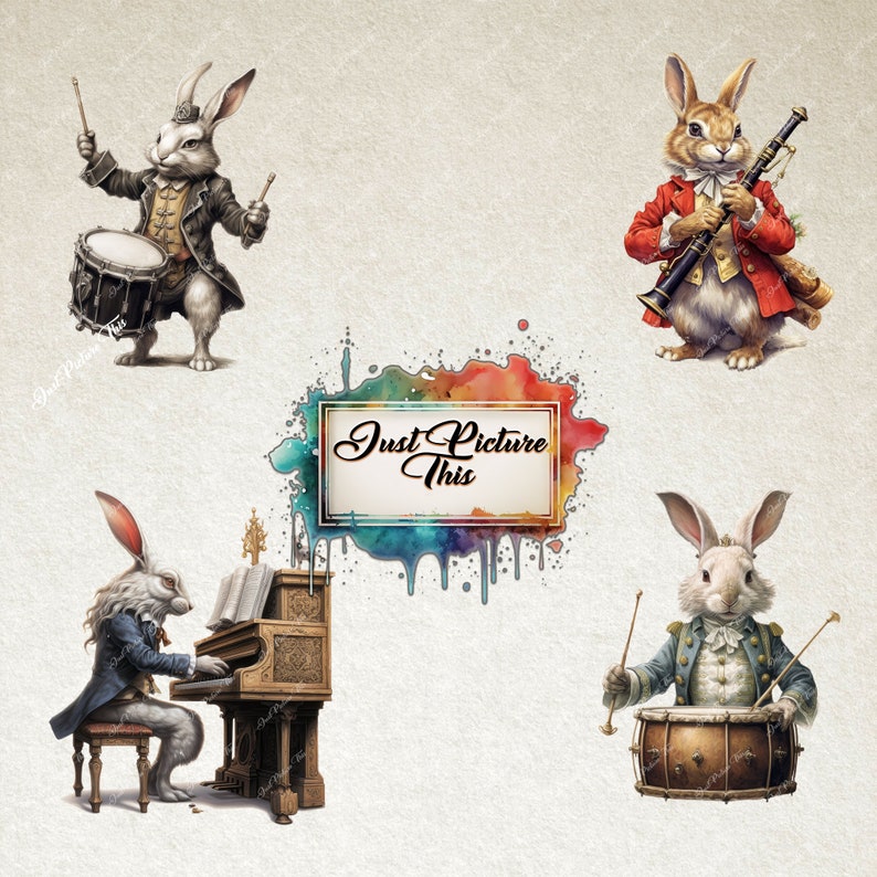Musical Bunny Rabbit Musical Rabbit Clipart Bundle: Vintage Bunnies (PNG Digital Download ...