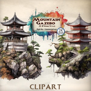 Montagne Clipart Style japonais Gazebo paysages scéniques sur le thème de la nature graphique Zen asiatique traditionnel oriental PNG Digital Download