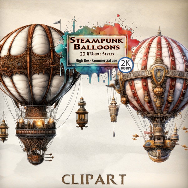 Hot Air Balloon Clipart Steampunk Style Air Travel Vintage Airship Mechanical Adventure Aviation whimsical illustrations PNG downloads