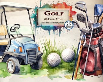 May include: Watercolor clipart set of golf equipment, including a golf cart, golf clubs, a golf bag, and golf balls. The set is in a watercolor style with a colorful background.