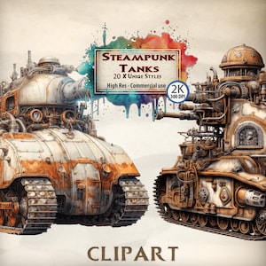 Steampunk tanques Clipart estilo victoriano Vintage War Machine ilustraciones Steam Powered Graphics vehículo blindado mecánico