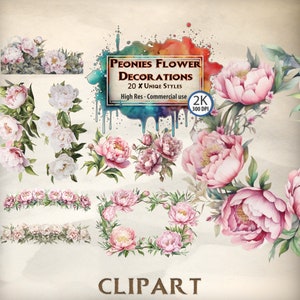 Flower clipart Watercolor Peonies Romantic Flowers Wedding invitation Magical floral garden decor Clipart bundle PNG peony summer art